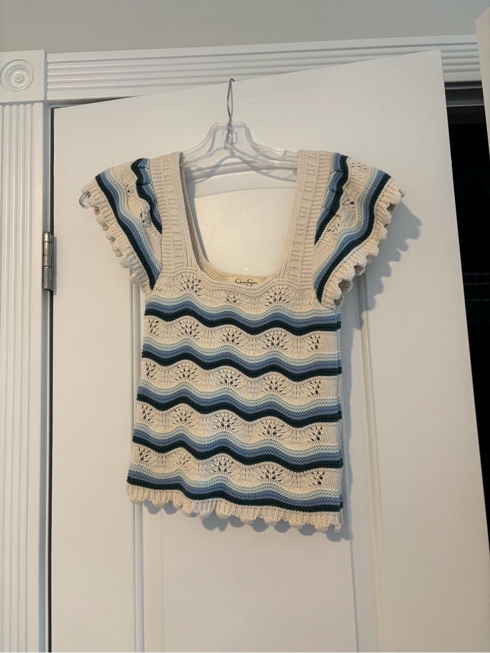 Jessica Simpson Cream Crochet Knit Sweater with Blue and Teal Stripes